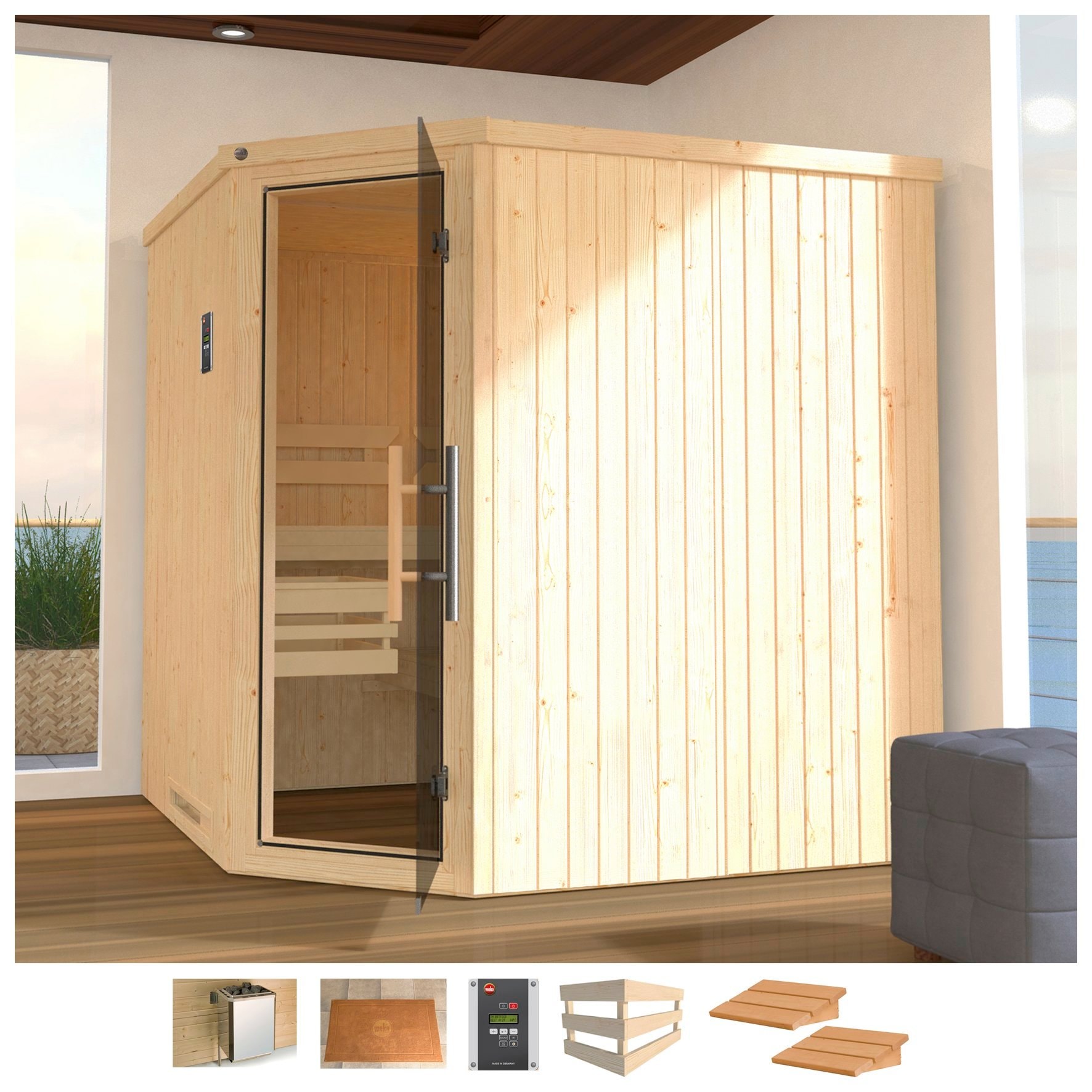 Sauna WEKA "Varberg 3", beige (natur), Saunaofen, externe Steuerung, 7,5 kW, Saunen, 7,5 kW Ofen mit ext. Steuerung