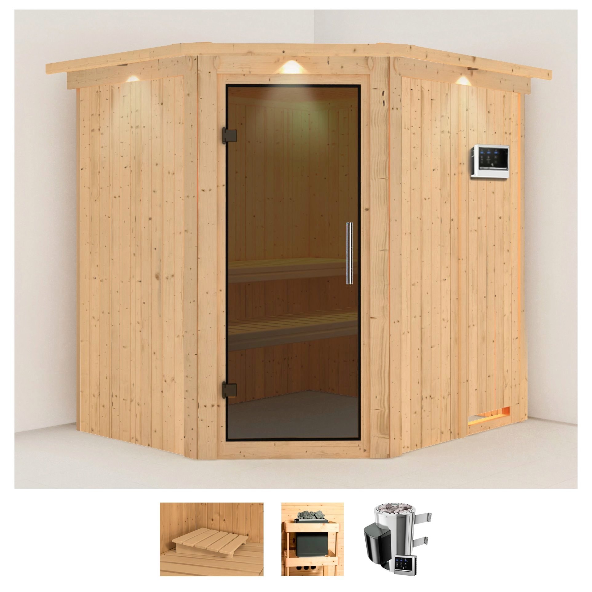 Sauna KARIBU "Laila", beige (naturbelassen), Saunaofen, externe Steuerung, 3,6 kW, Saunen, 3,6-kW-Plug & Play Ofen mit externer Steuerung Image