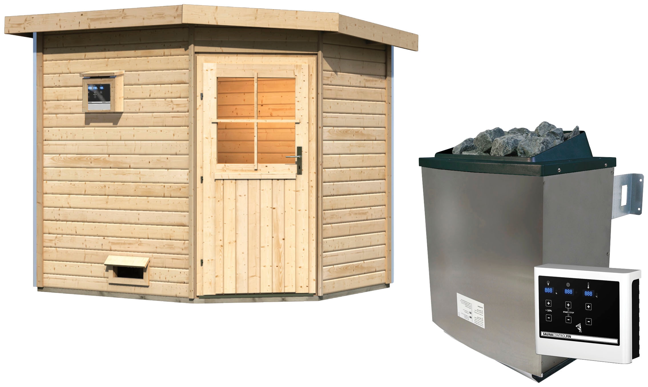 Saunahaus KARIBU "Tore", beige (naturbelassen), Saunaofen, externe Steuerung, 9 kW, Saunen, klassiche Tür, Ofen 9 KW externe Strg Easy Image