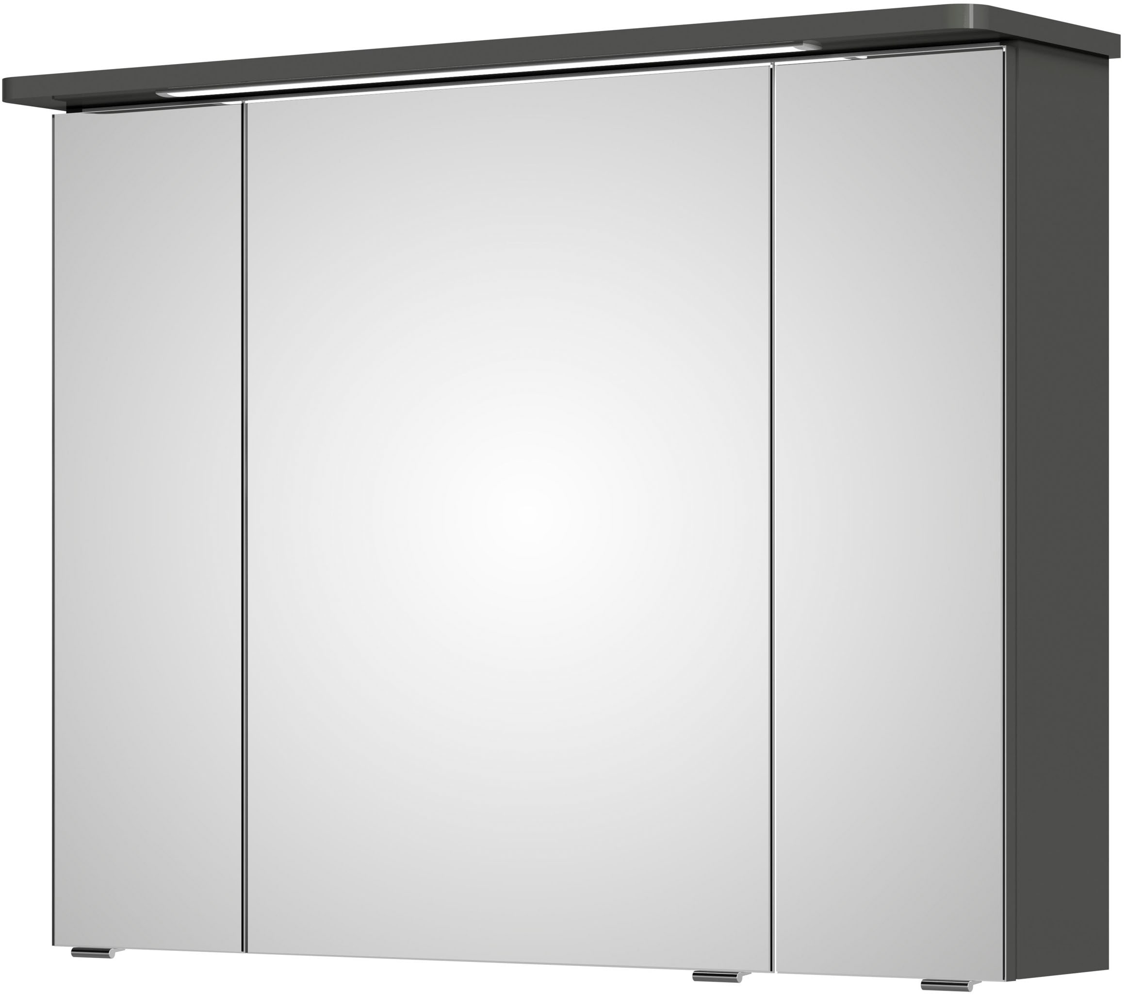 Spiegelschrank SAPHIR "Serie 4005 Badezimmer-Spiegelschrank inkl. LED-Kranzbeleuchtung", grau (lack steingrau hochglanz), B:90cm H:72,2cm T:17cm, Spanplatte, Schränke, Badschrank 90 cm breit, 3 Türen, 6 Glas-Einlegeböden, inkl. Türdämpfer Image
