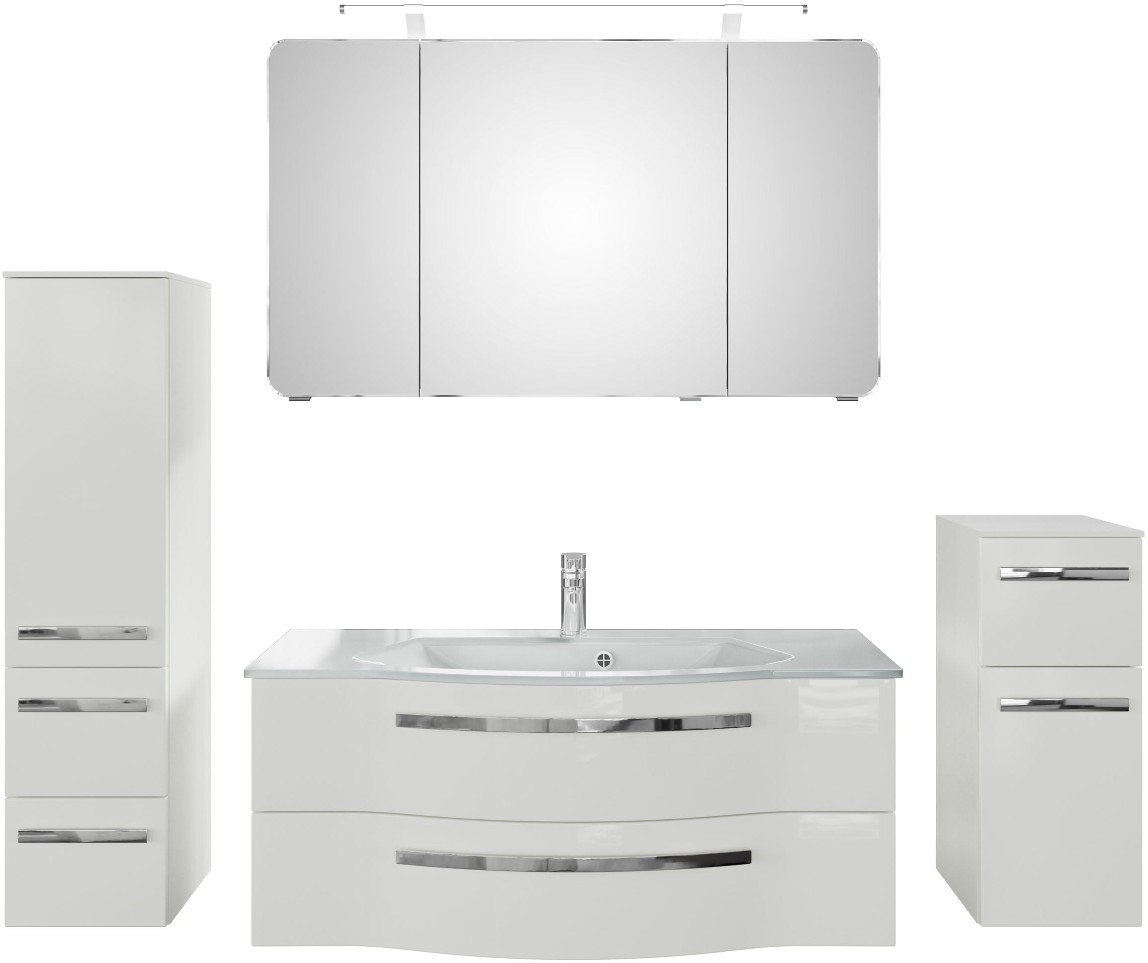 Badmöbel-Set SAPHIR "Serie 4005, vormontiert, Glaswaschbecken, Spiegelschrank", weiß (lack polarweiß hgl, weiß hgl), Holzwerkstoff, Kastenmöbel-Sets, Badezimmer-Set mit Unterschrank, Midischrank, inkl. Türdämpfer Image
