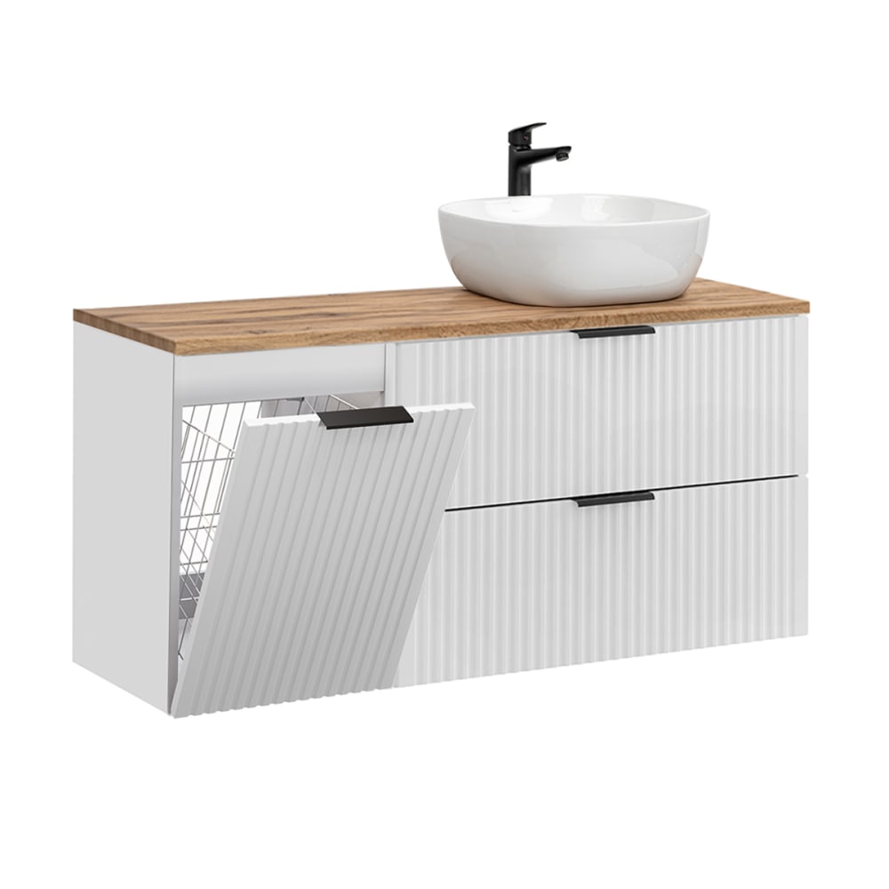Meuble vasque panier à linge stratifiés blanc et beige