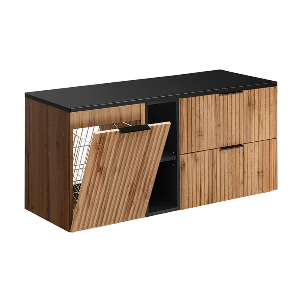 Meuble sous-vasque panier à linge stratifiés beige et noir