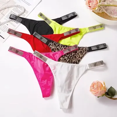 Fashion Female Lingerie Sexy Satin Plus Size Briefs Bra Low Rise Women Panties Rhinestone Letter Comfort Pink Thong Underwear