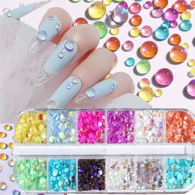 1Box Candy Color Mixed Size Mermaid Round Beads Nail Charms Glass Crystal Bead Hemispherical 3D Nail Rhinestones Kawaii Ornament