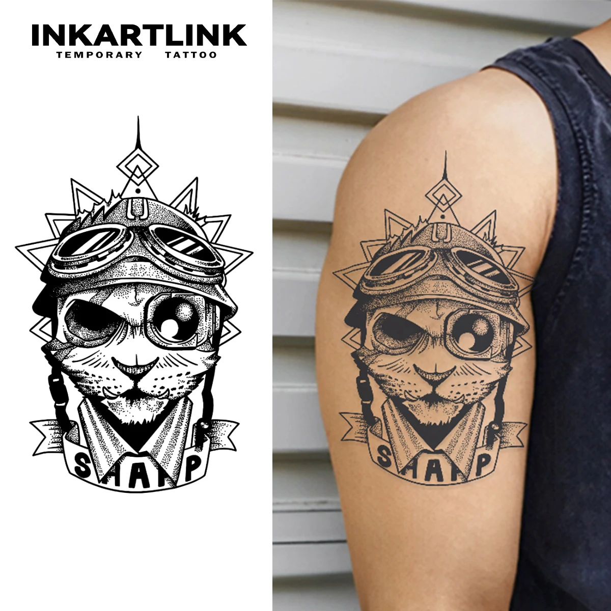 INKARTLINK Pilot Cat Tattoo Patch 1–2 Wochen langlebiges Retro-Helm-Sonnenbrillen-Design, wasserdichtes temporäres Tattoo Image