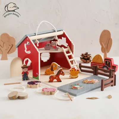 Wooden Simulated Farm Setting Scene Toys Baby Thread Toy Shape Pairs Multiple And Functional Toys Nursery Decoration Baby Gift