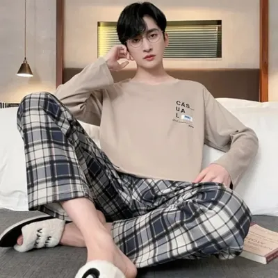 Plus Größe Männer Pyjama Set Langarm Lange Hosen Student Lose Beiläufige Nachtwäsche Loungewear Zwei Stück Set Cartoon Nachtwäsche Image