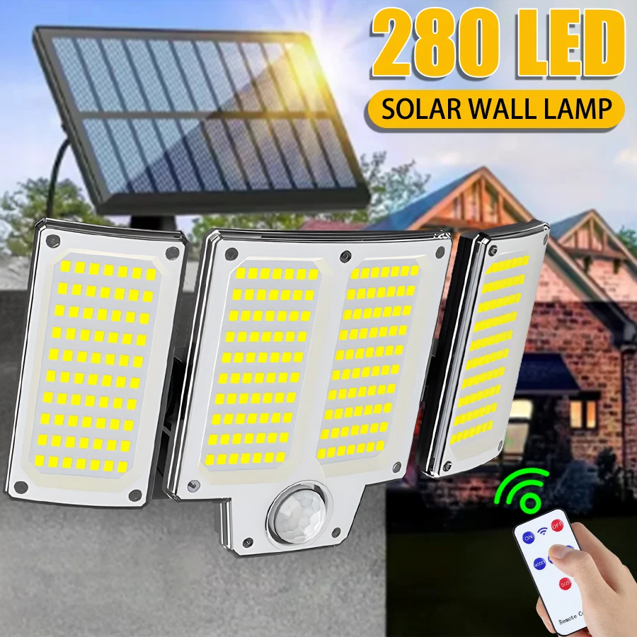 280-LED-Solar-Wandleuchten für den Außenbereich, Bewegungsmelder, Solar-Flut-Straßenlaterne mit verstellbarem Beleuchtungskopf für Straßengärten