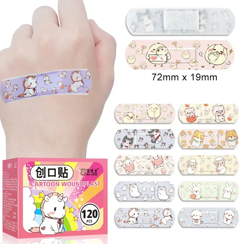 120Pcs Atmungsaktive Wunde Heilen Patch Erste Hilfe Cartoon Einhorn Wasserdicht Band Aid für Kinder Selbst-Heftpflaster Verband Image