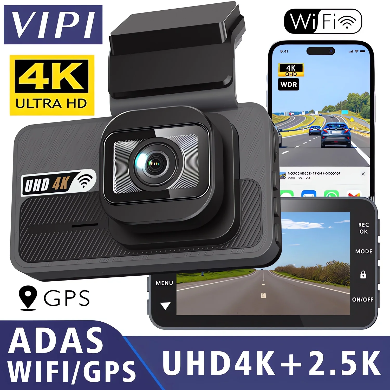UHD 4K + 2,5K Auto DVR ADAS WIFI GPS Mini Dash Cam Kamera Dual Objektiv Dashcam Registrar Black Box Video Drive Recorder Nachtsicht Image