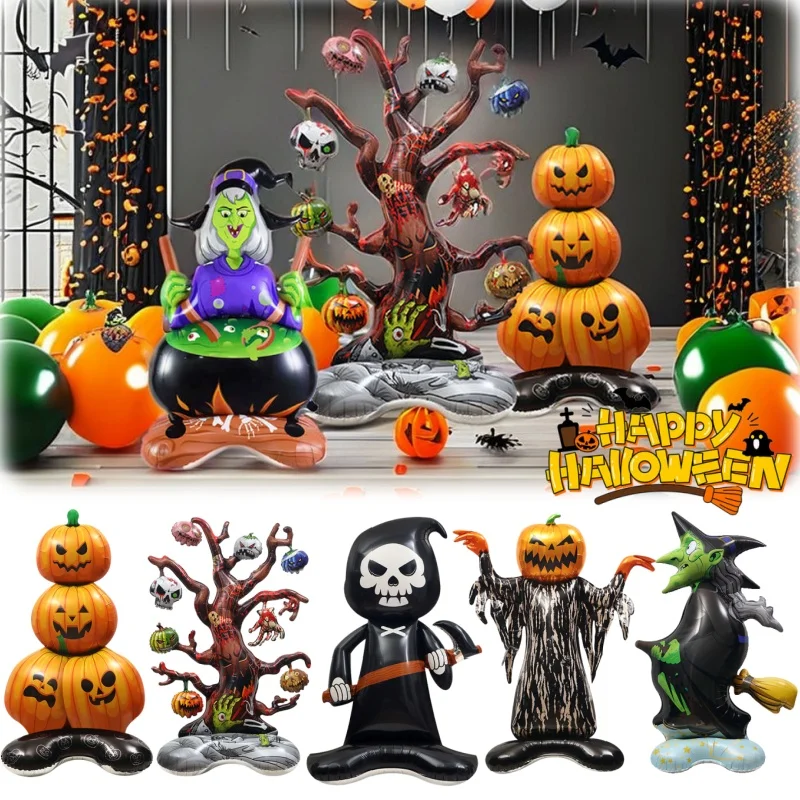 Halloween-Dekorationen, 3D-stehende Hexe, gruseliger Baum, Kürbisform, große Cartoon-Luftballons für Partyzubehör, Heim- und Außendekoration Image