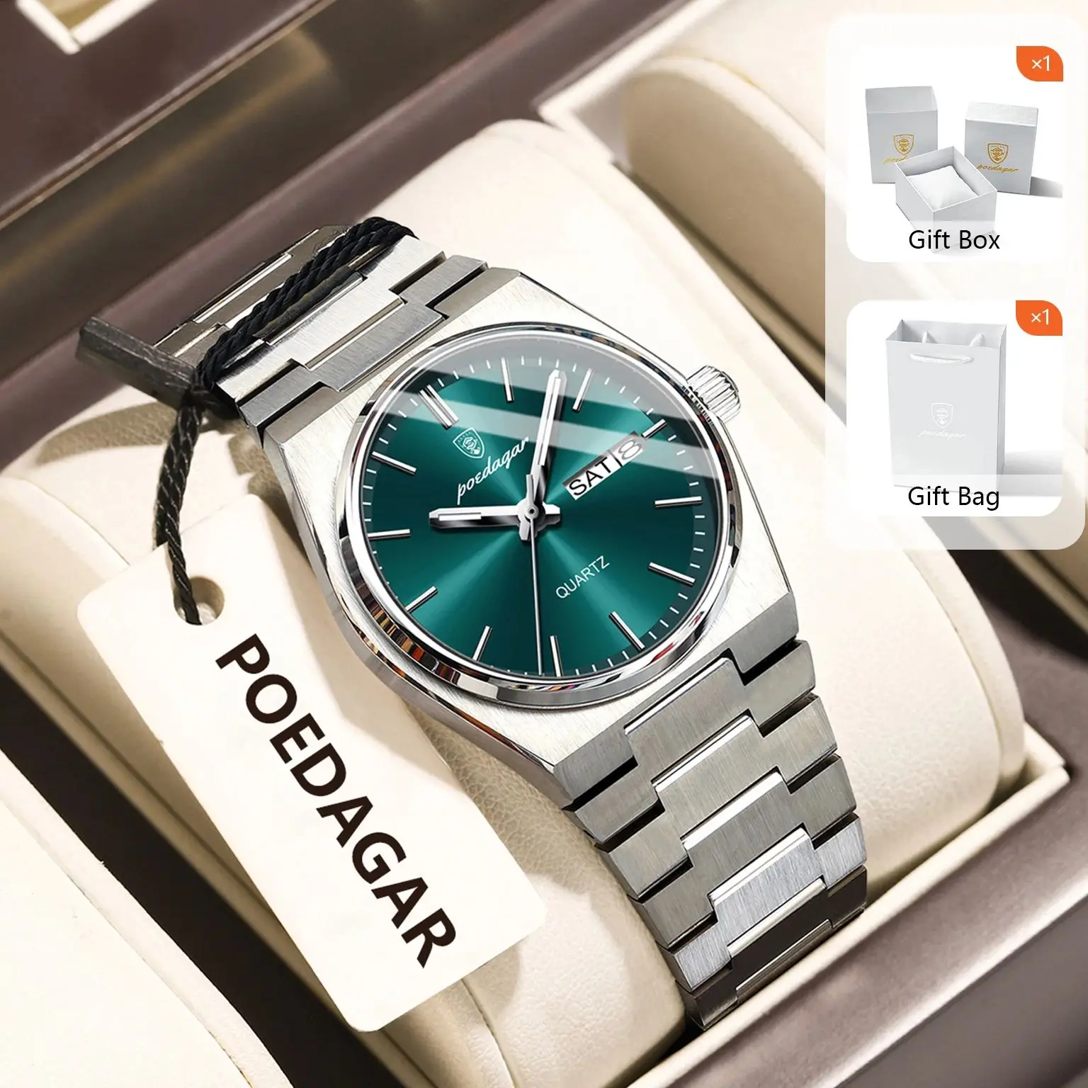 POEDAGAR Top Damenuhr, wasserdicht, leuchtend, Edelstahl, Damen-Armbanduhr, Datum, Woche, Quarz, modische Damenuhren + Geschenkbox Image