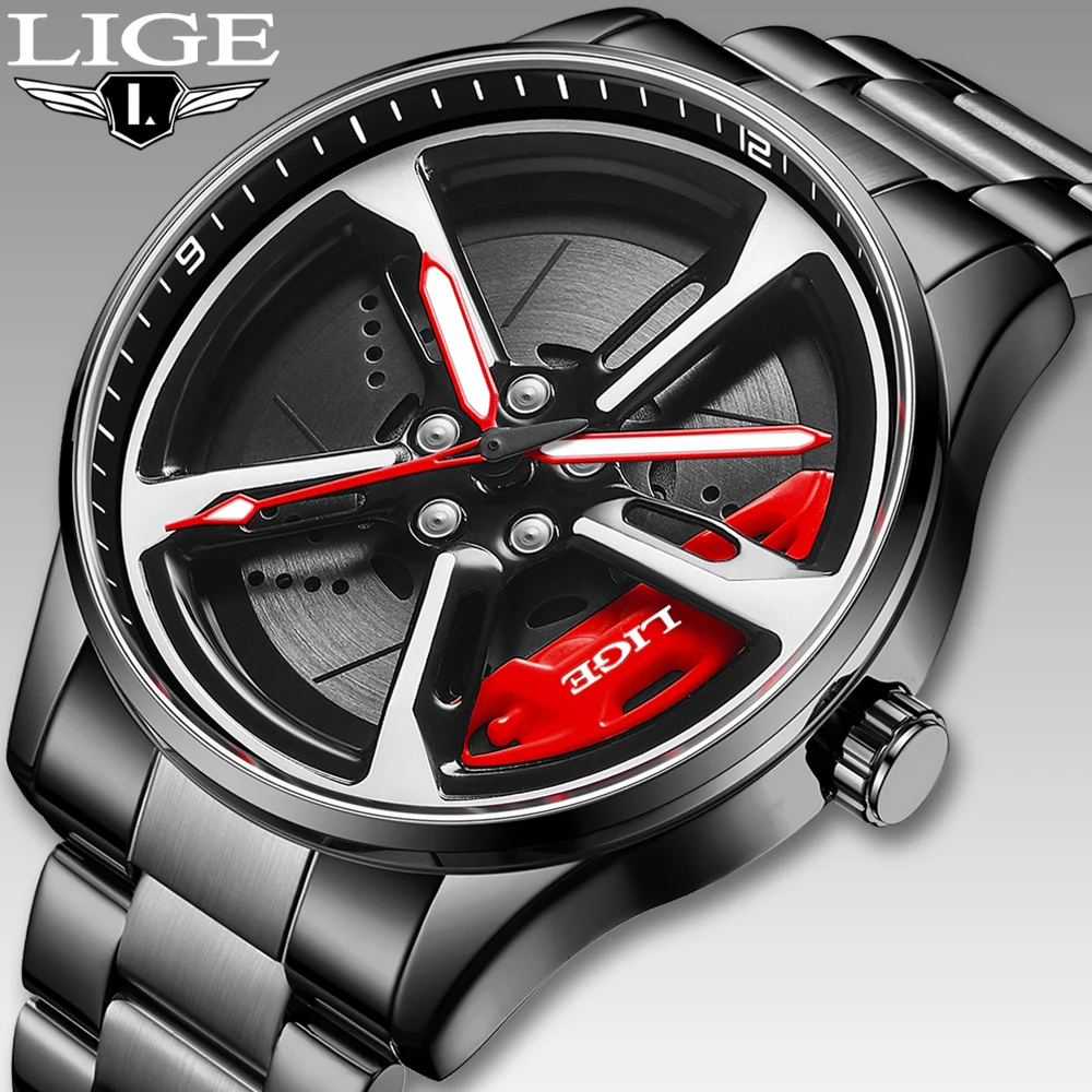LIGE Neue Sport 3d Auto Felge Hub Uhr Modische Rotierenden Zifferblatt Edelstahl Armband Wasserdicht Quarz Uhren reloj hombre Image