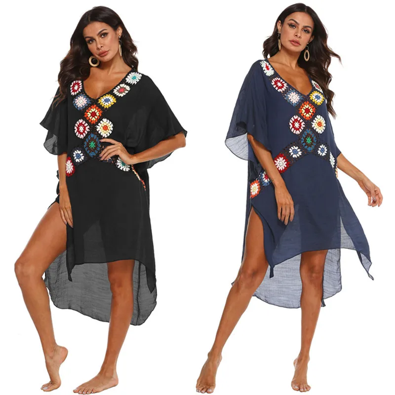 Frauen Beachwear Cover Up Sommer gestricktes Sonnenkleid Frau Badekleider Komokini Bademode Cover-up Strand Badeanzug schwarz blau Image