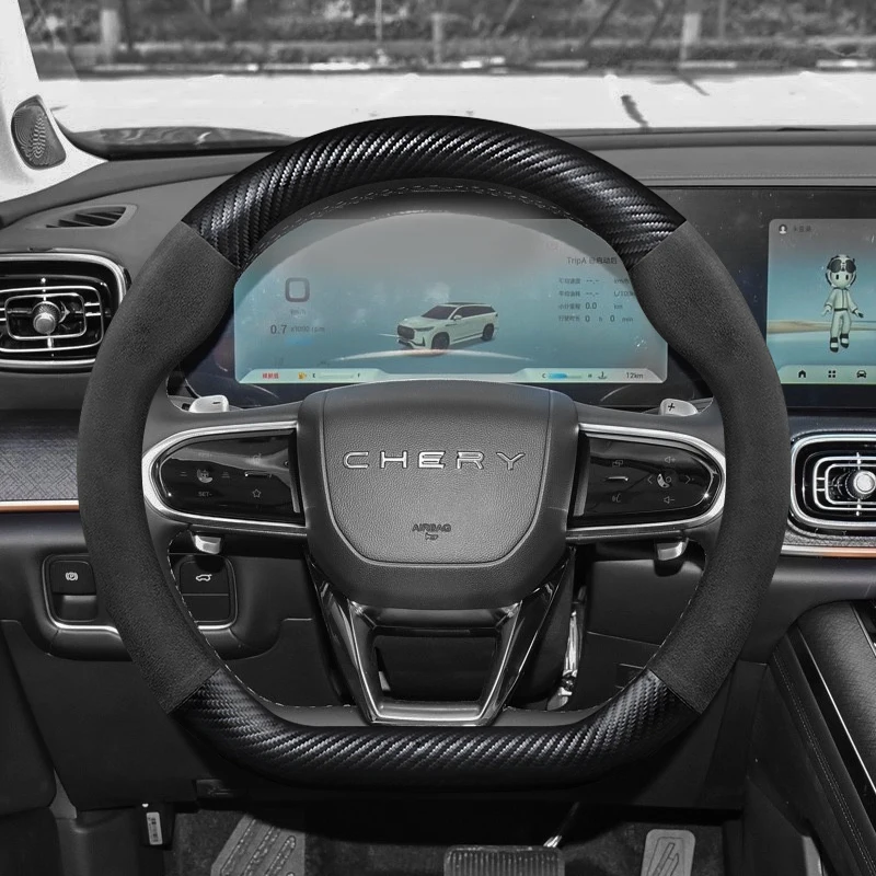 38cm rutsch feste Auto lenkrad abdeckung aus Wildleder aus Kohle faser, PU-Leder, für chery jaecoo j7 j8 2023 2024 Innenraum zubehör Image