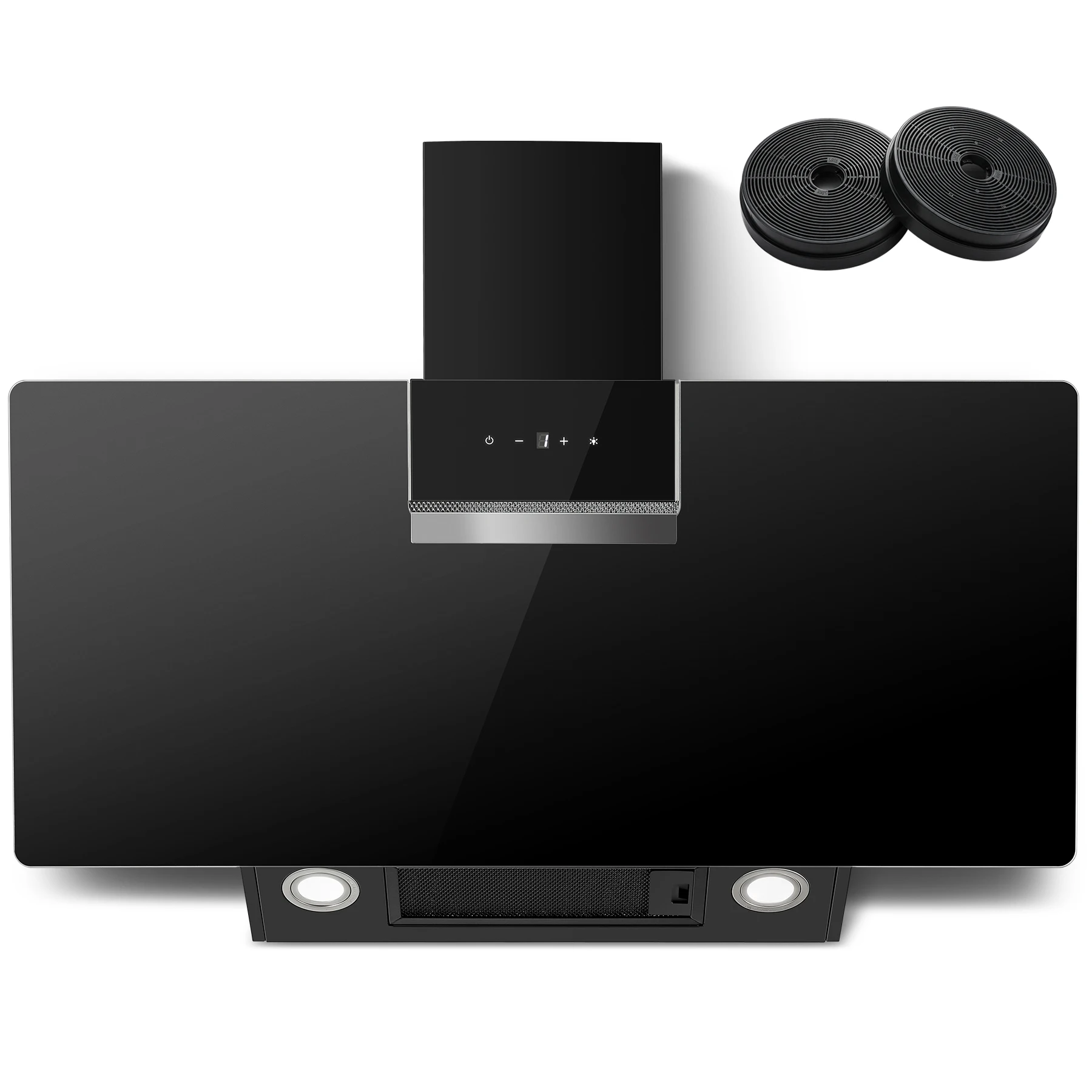 90 cm wandmontierte Dunstabzugshaube 800 m3/h A+++ LED-Touch-Steuerung, schwarzes Glas – Umlauf-/Abluftoption Image