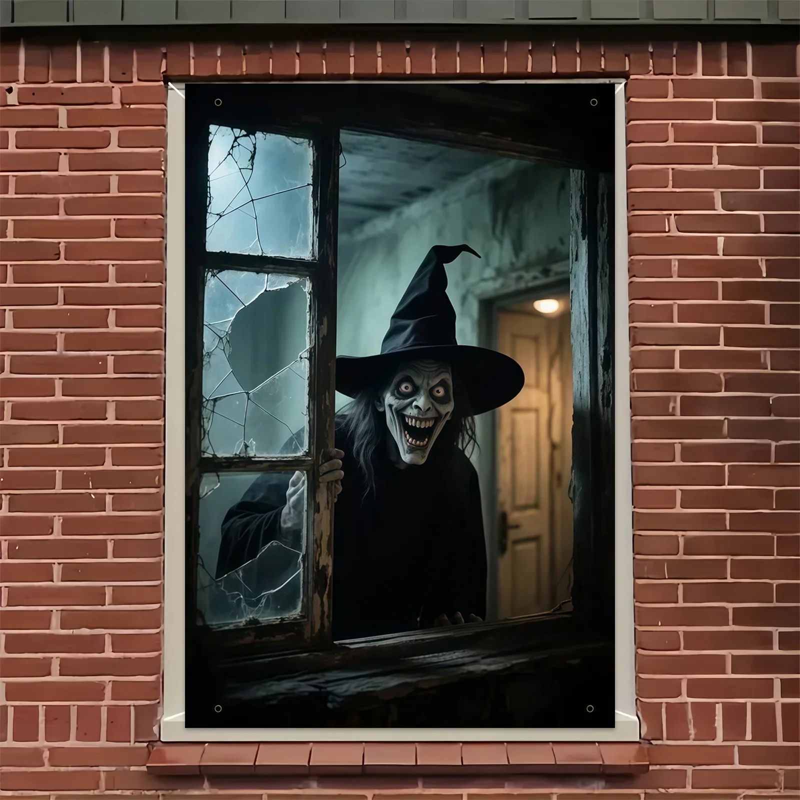 Halloween-Party-Banner/Hexenfenstendesign aus Polyester/Evil Spirit Heim- und Außendekoration/Halloween-Feier Image