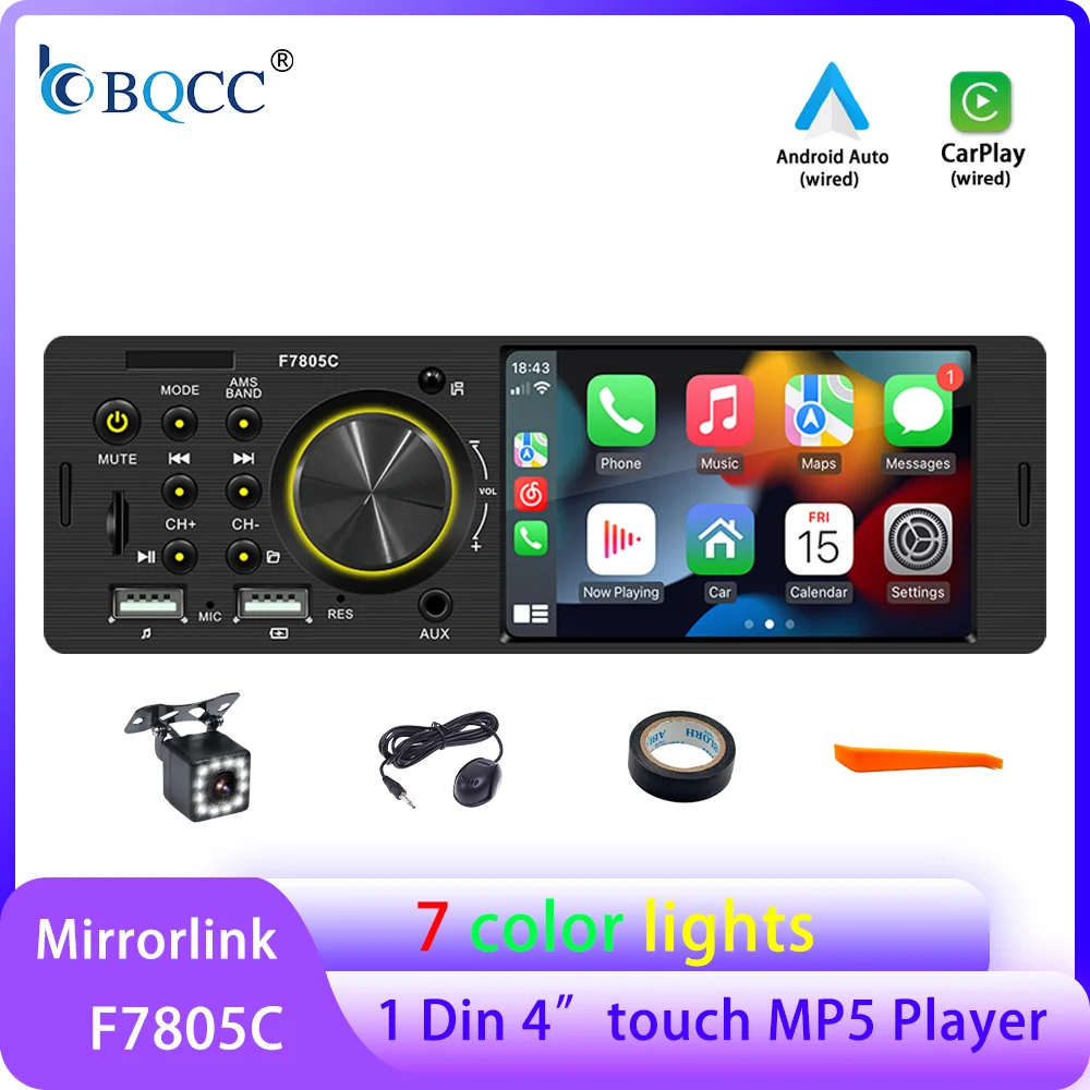 BQCC 1 Din 4,1 Zoll Touchscreen Autoradio verkabelt Android Auto Carplay BT FM USB Mirrorlink 7 bunte Lichter Autoradio Image