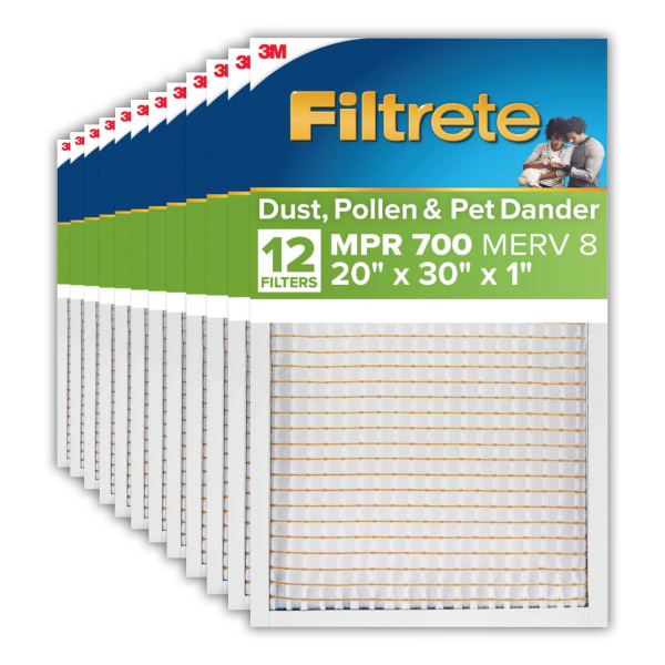 Filtrete 20 x 30 x 1 Air Filter, 12 HVAC Filters, MPR 700, Merv 8, Dust, Pollen & Pet Dander, 3 Month Pleated 1 inch Electrostatic Air Filters