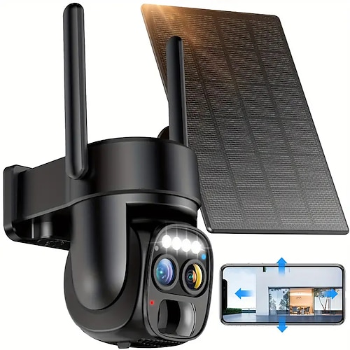 Telecamera CCTV a basso consumo, zoom 8x, 360 gradi, pannello solare, batteria, 2K FHD, Wi-Fi, con faretto, allarme, rilevamento del movimento, visione notturna a colori, audio bidirezionale e grado