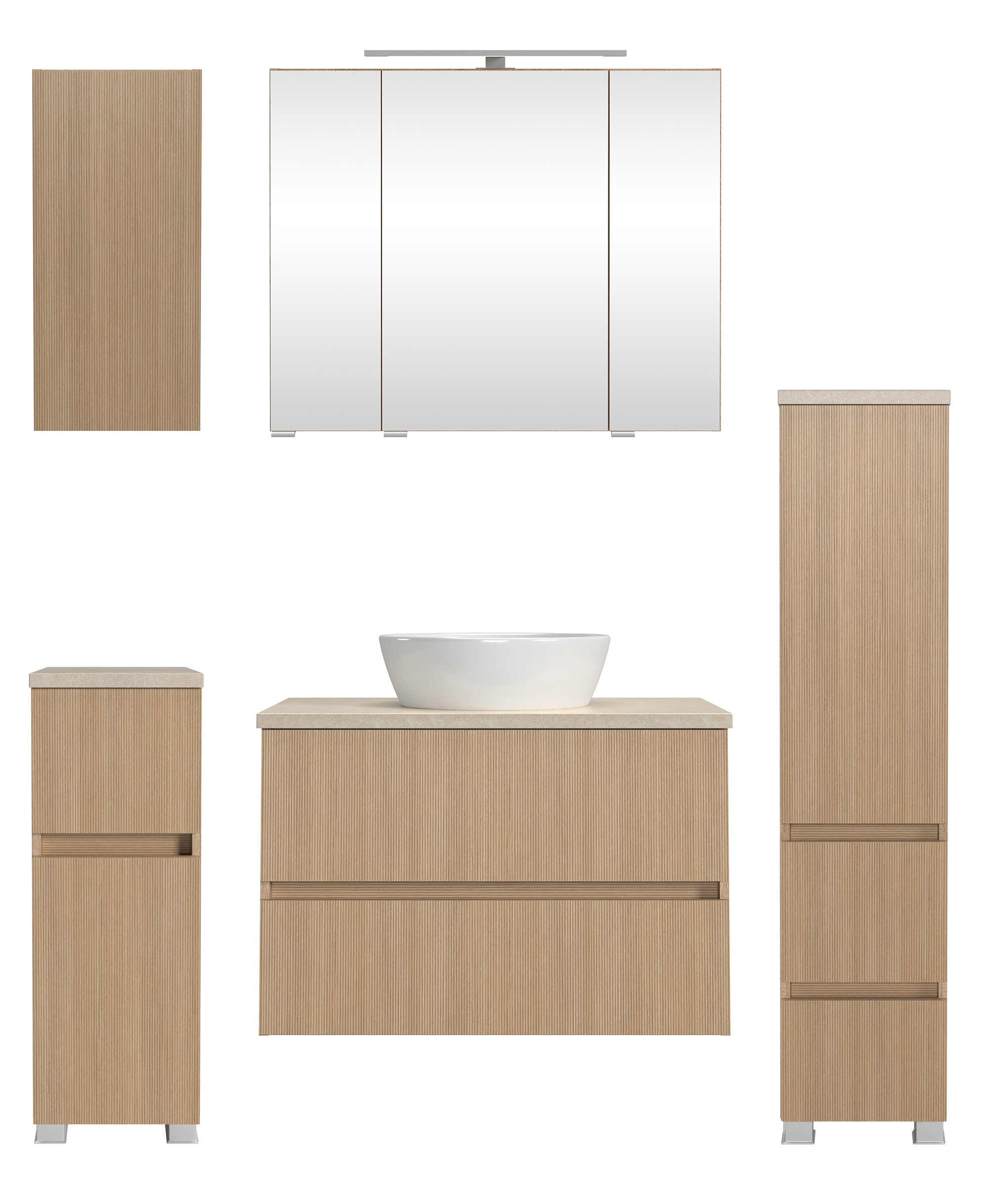 Badmöbel-Set WELLTIME "EIXO, 5tlg.-Set: Spiegelschrank, Waschtisch und Beimöbel", braun (eiche hell), B:110cm H:200cm T:47cm, Spanplatte, Kastenmöbel-Sets, Set 140 cm breit, Badmöbel mit LED-Beleuchtung Image
