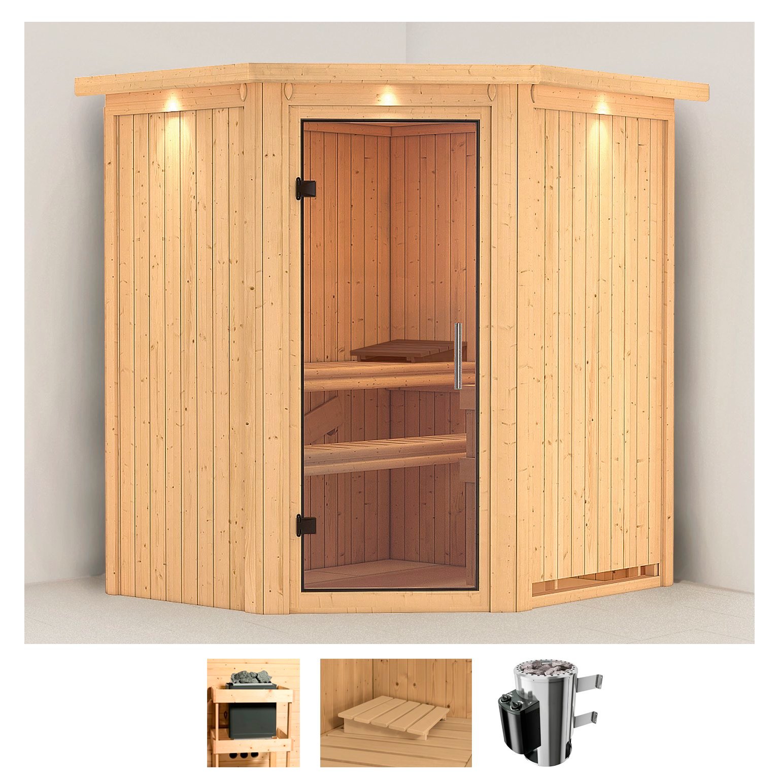 Sauna KARIBU "Tomke", beige (naturbelassen), Saunaofen, integrierte Steuerung, 3,6 kW, Saunen, 3,6-kW-Plug & Play Ofen mit integrierter Steuerung Image