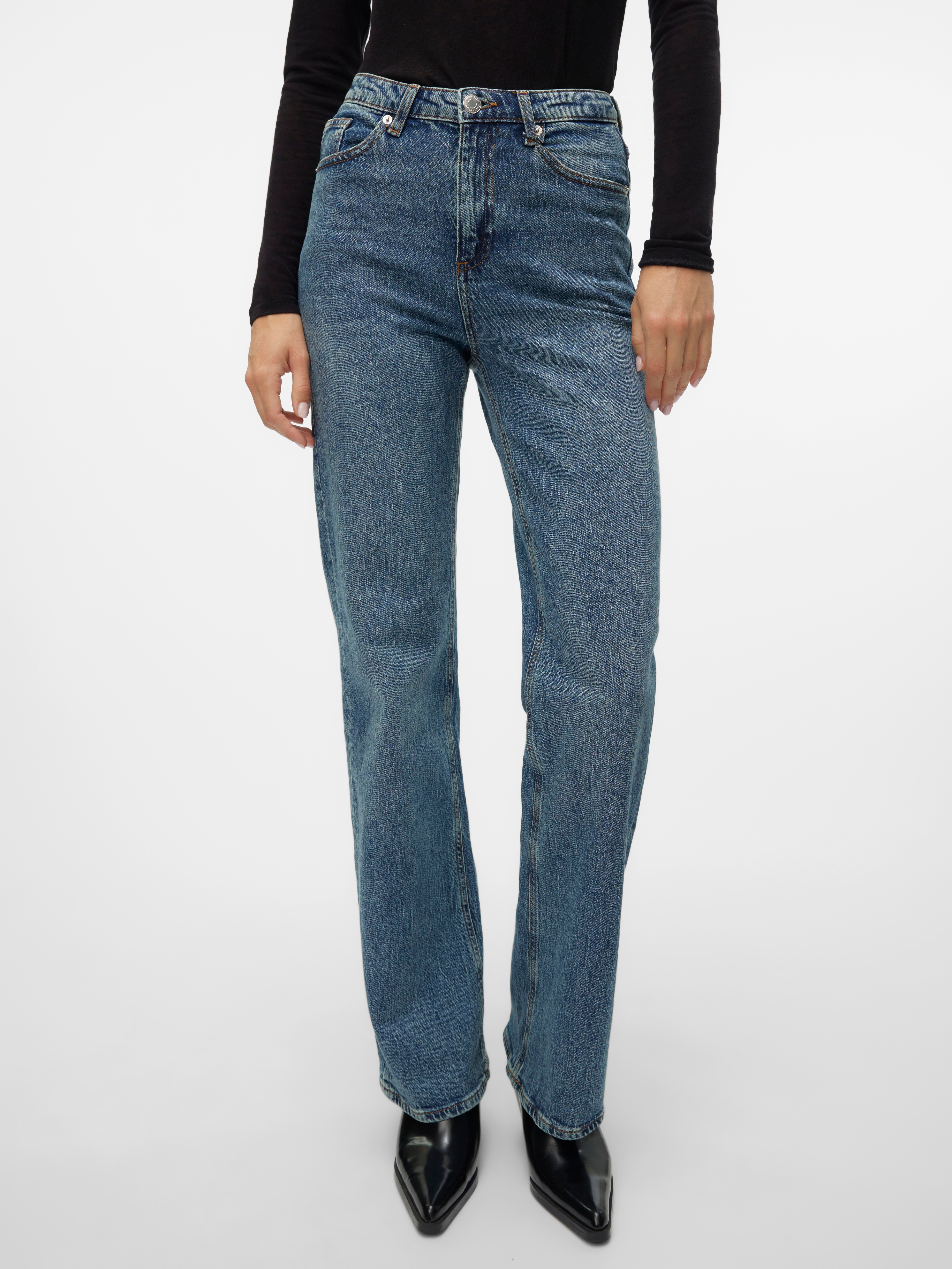 High-waist-Jeans VERO MODA "VMTESSA HR WIDE JEANS RA394 GA NOOS", Damen, Gr. 28, Länge 30, blau (medium blau denim detail:tinted), Denim/Jeans, Obermaterial: 99% Baumwolle, 1% Elasthan, oversize, Jeans High-Waist-Jeans