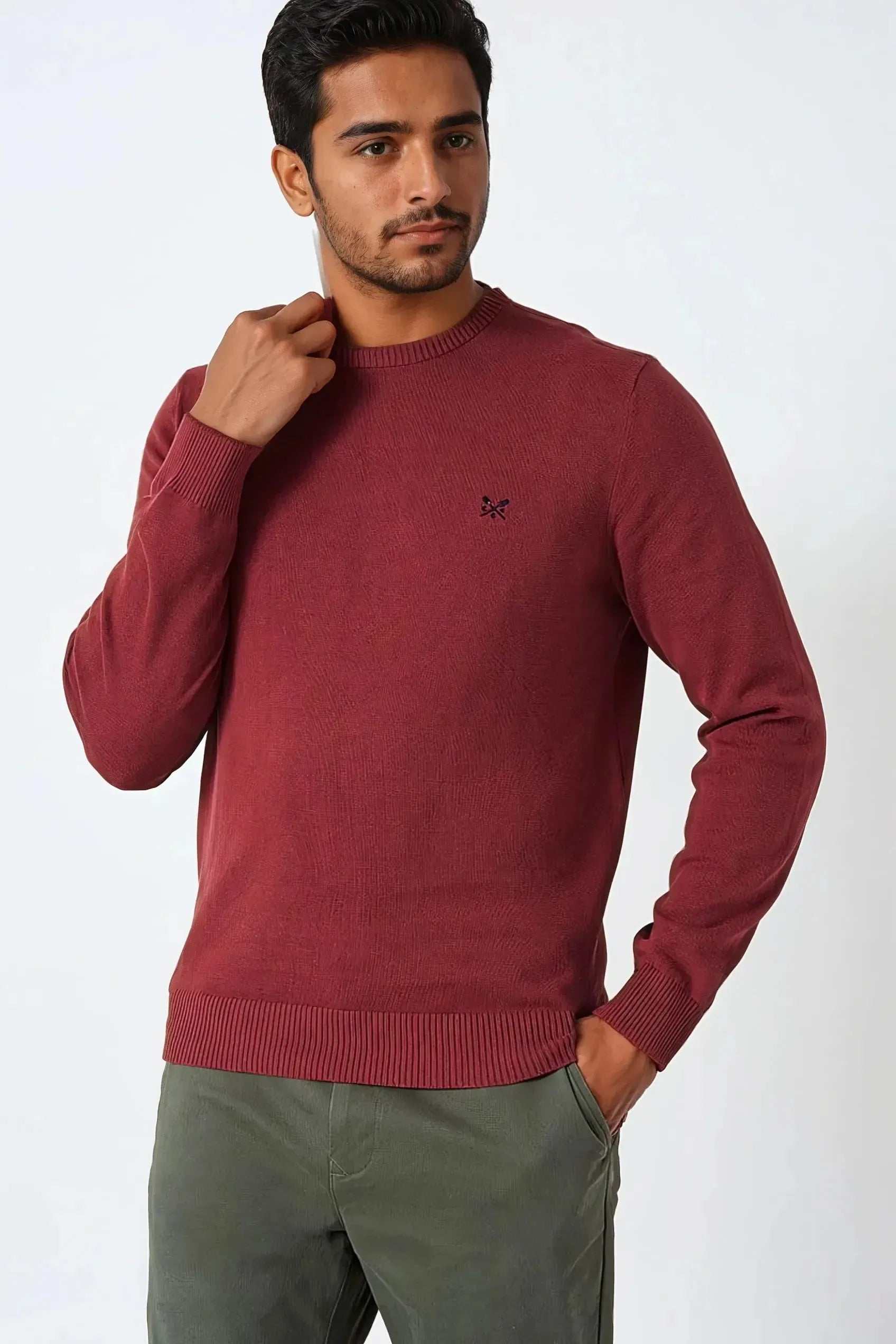 Crew Clothing Mens Neck Jumper - Dark Red Cotton - Size Medium | Crew Clothing Sale | Discount Designer Brands