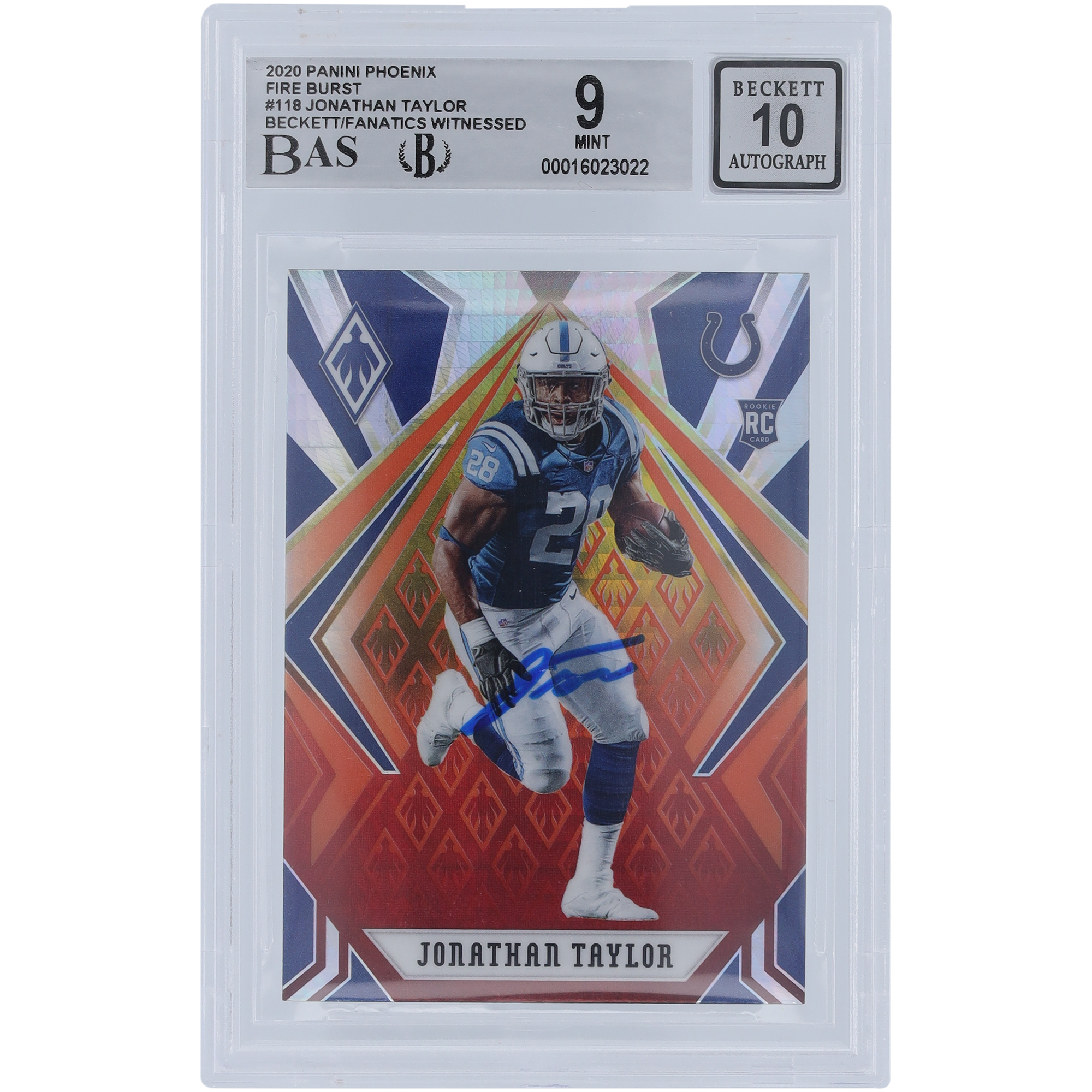 Jonathan Taylor Indianapolis Colts signierte 2020 Panini Phoenix Fire Burst #118 Beckett Fanatics bezeugte authentifizierte 9/10 Rookie-Karte Image