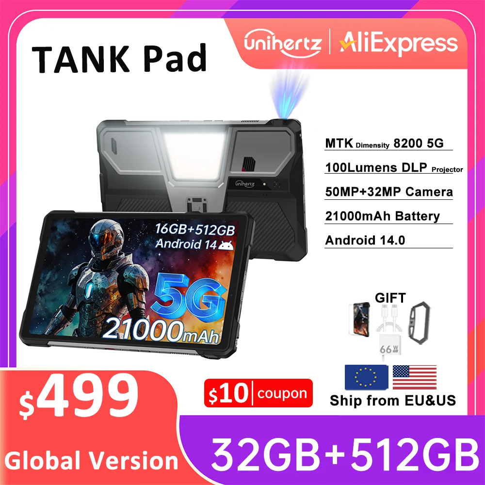 Unihertz Tank PAD von 8849 Robustes Projektor-Tablet, 21000 mAh, 10,95 Zoll FHD, Abmessung 8200, 32 GB + 512 GB, Dual-Lautsprecher-Tablet-Telefon, WLAN Image