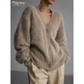 Clacive hiver ample kaki Cardigan pour femmes Sexy col en v à manches longues Cardigan élégant classique solide pull hauts vêtements féminins