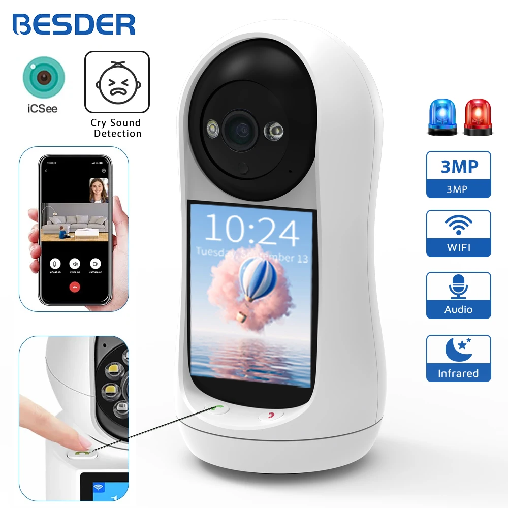 BESDER 4MP PTZ Wifi Kamera Videoanruf mit 2,8 Zoll IPS Bildschirm Baby Cry Sound Erkennung Sicherheit IP Kamera Baby Monitor iCSee Image