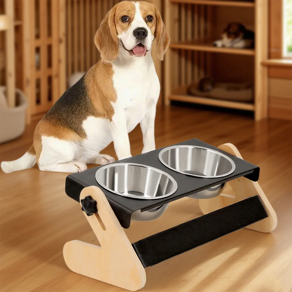 Bols pour chiens combinés en fer et bois pour chiens moyens, support de bol de nourriture pour animaux de compagnie avec bols de nourriture en acier inoxydable pour chats et chiens