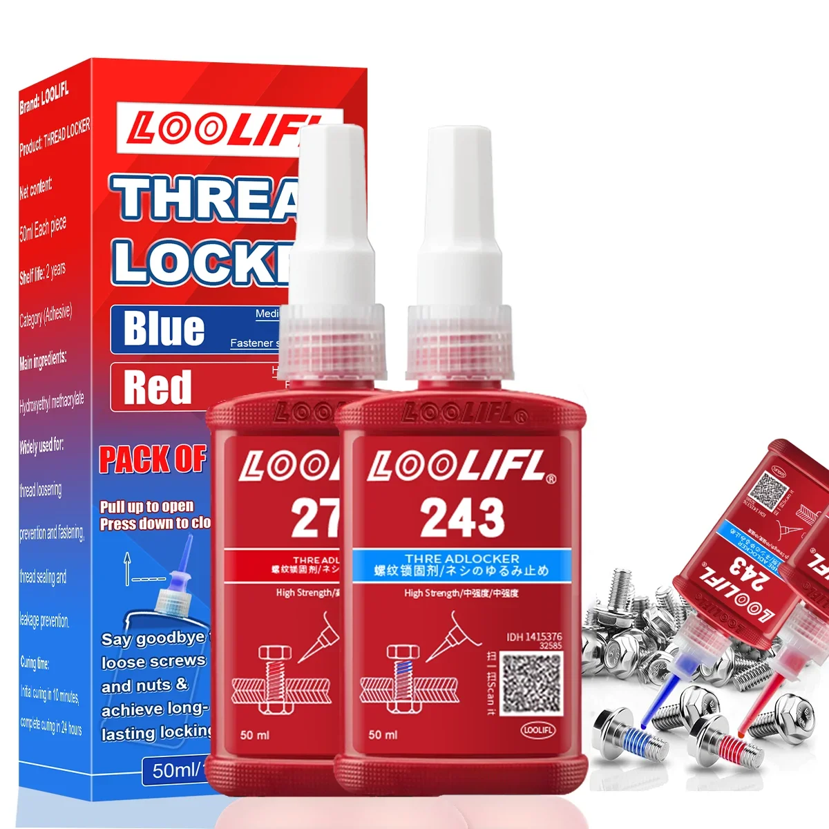 LOOLIFL 243, 271 Gewindesicherungspaste Anaerobes Klebstoff, für die Kfz-Reparatur und Baumaschinen, verhindert das Lösen, hochtemperaturbeständig, mittlere bis hohe Festigkeit, für alle Metalle Image