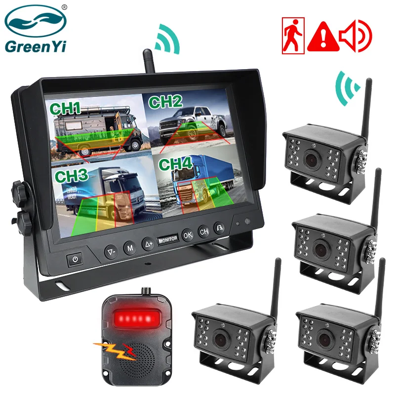 GreenYi 9'' Wireless AI Blind Spot Radar BSD Alarm DVR Recorder Bildschirm AHD 4CH Monitor Mit IR Kamera Für Lkw RVs Bus Anhänger Image