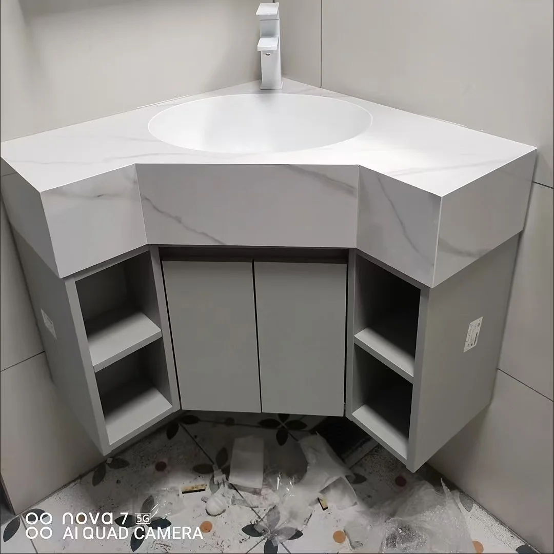 Integrierter Waschbecken-Badezimmerschrank-Kombination, Eckwaschbecken, speziell geformter Eckschrank, Waschbeckenschrank aus Massivholz