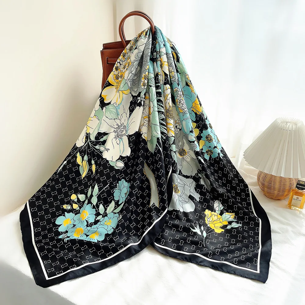 130 cm Modische Pfingstrose Blumen Schal Frauen Französisch Stil Sonnenschutz Schal Reise Zubehör Großen Quadratischen Schal Wholesale239 Image