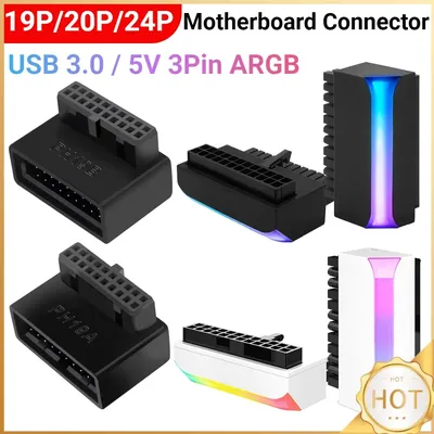 5 V 3-poliger ARGB ATX 24-poliger auf 90-Grad-Netzstecker-Adapter USB 3.0 19P/20P 90-Grad-Computer-Motherboard-Header-Adapter Modular Image