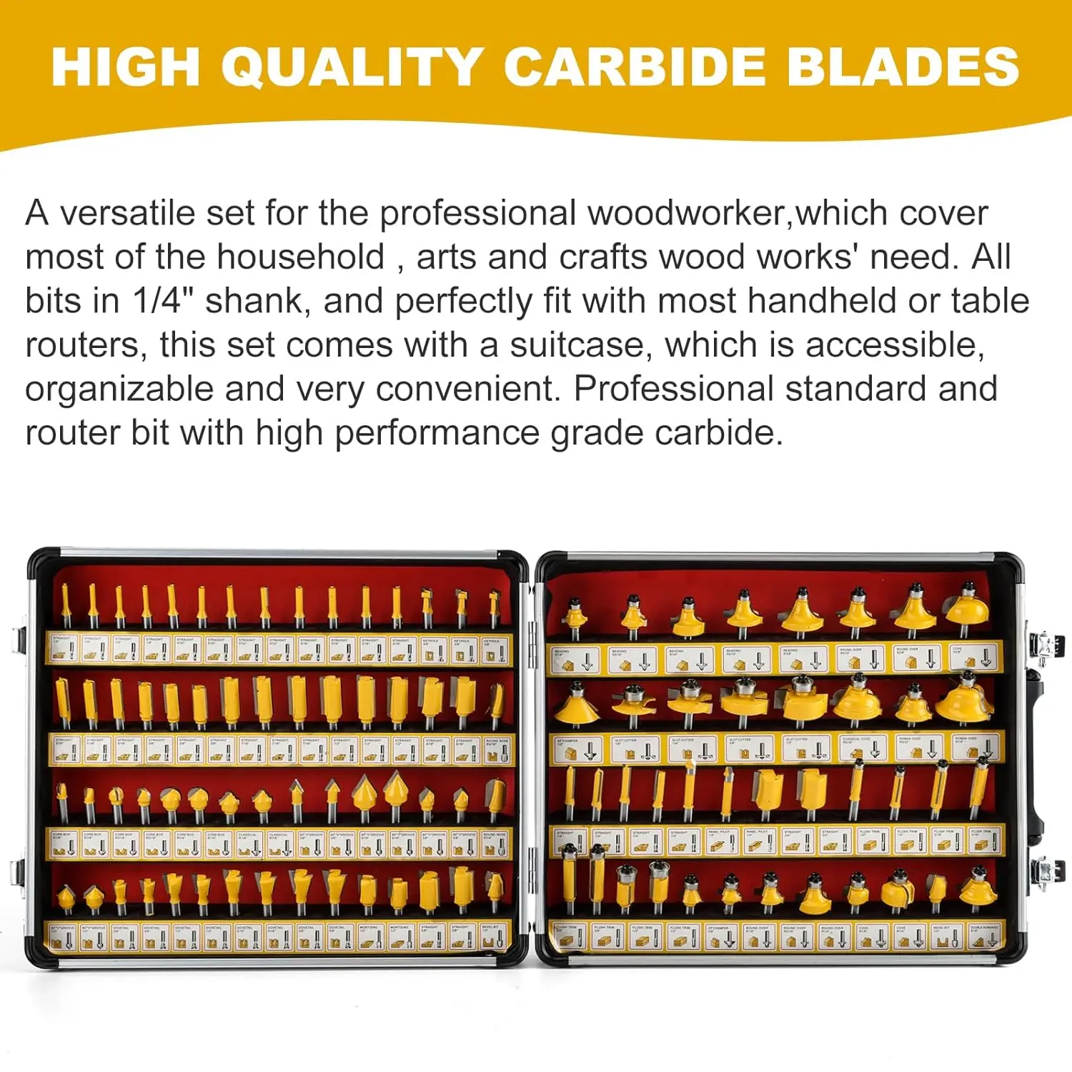 Allsome 100-teiliges Fräser-Set mit 1/4-Zoll-Schaft und Metallgehäuse, Holzfräser zum Trimmen von Fräsmaschinen Image