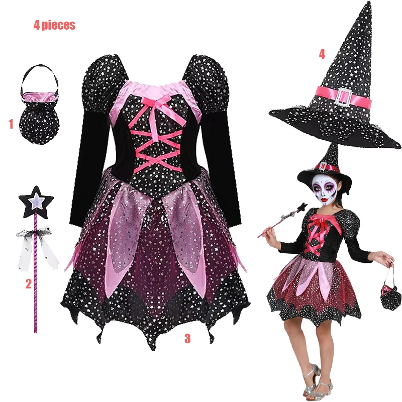 2-12Y Rotkäppchen Halloween Kostüm Cosplay Hexe Kleid + Hüte + Zauberstäbe + Taschen Kinder Kostüm Karneval Party Kleidung Image