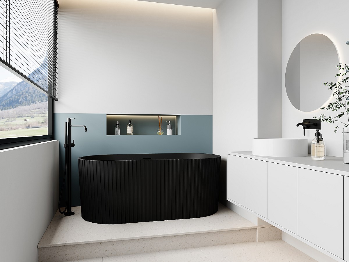 Vasca da bagno freestanding scanalata 220 litri 150 x 75 x 58 cm in Acrilico Nero opaco - ALIENA