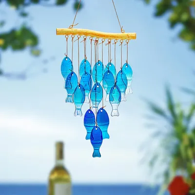 Blue glass sea wind chimes, outdoor glass wind chimes, handcrafted fish wind chimes, large glass wind chimes, beach parties, wed