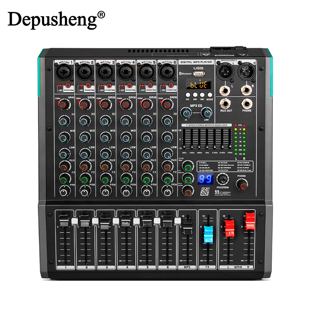 Depusheng PA6 6 Channel Sound Mixer Audio Mixing Console 48V Professional USB PC Play Record Podcast Live Broadcast