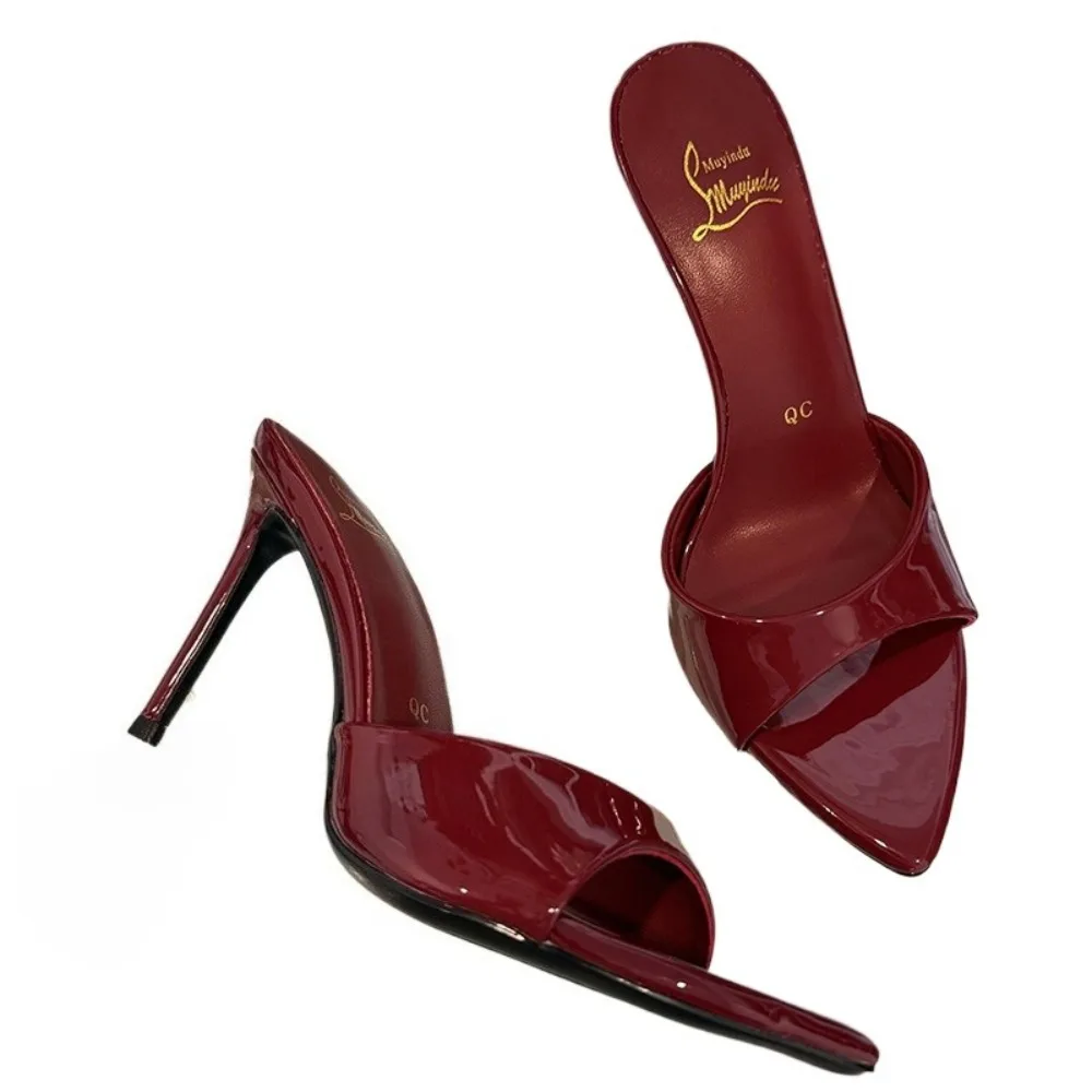 2025SS Women's Office Ladies Sleek Red Patent Leather Pointed Toe Stiletto Mules Slip-On Open Toe Design High Heels Shoes