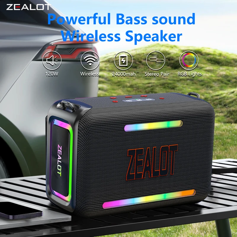 ZEALOT S95 120W Portable Bluetooth Speaker High Volume Waterproof 24000mAh Wireless TWS Subwoofer Suporrt USB/TF/AUX RGB light.