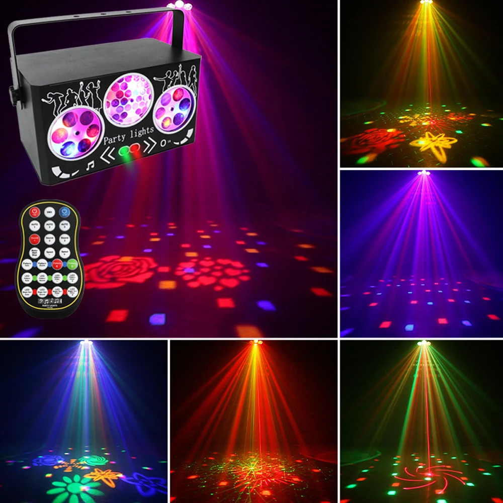 DJ Disco Party Light 4IN1 Effect Pattern Lazer Light Projector LED Strobe Lights DMX Sound Activated Kaleidoscope Show Lights