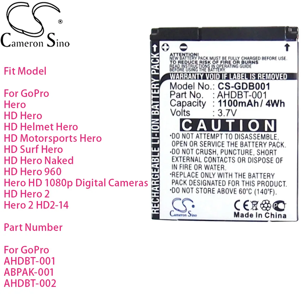 Camera Battery For GoPro Hero HD 1080p Digital Cameras HD Hero 2 Hero 2 HD2-14 Part Number AHDBT-001 ABPAK-001 AHDBT-002