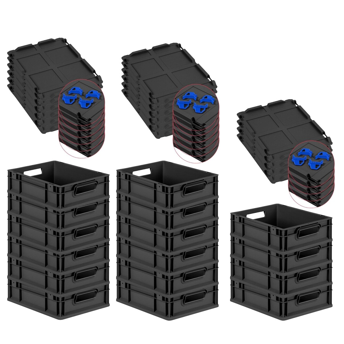 PROREGAL SuperSparSet 16x Eurobox NextGen Grip mit Auflagedeckel & 4 blauen Verschlüssen, HxBxT 12x30x40cm, 11L, Schwarz, Griffe offen, Eurobehälter Image