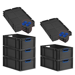 PROREGAL SparSet 5x Eurobox NextGen Color mit Auflagedeckel & Verschlüsse, HxBxT 22x40x60cm, 44L, Schwarz, Griffe blau offen, Eurobehälter Image